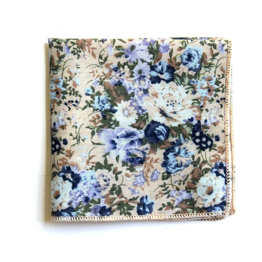 Blue Beige Floral 100% Cotton Pocket Square Handkerchief NEW‎ 8 inches